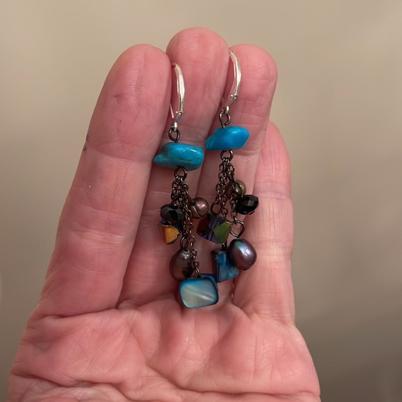 Vintage Sterling Lever Back Shell, Stone, and Crystal Dangle Earrings - Picture 7 of 12